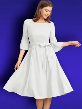 NWT Elegant Bell Sleeve White Dress Fit and Flare Midi sz XXL